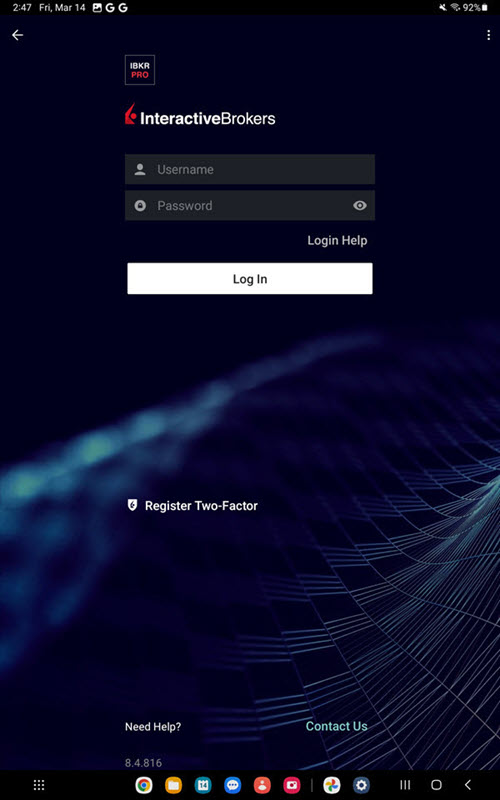 The login page on the Android Tablet